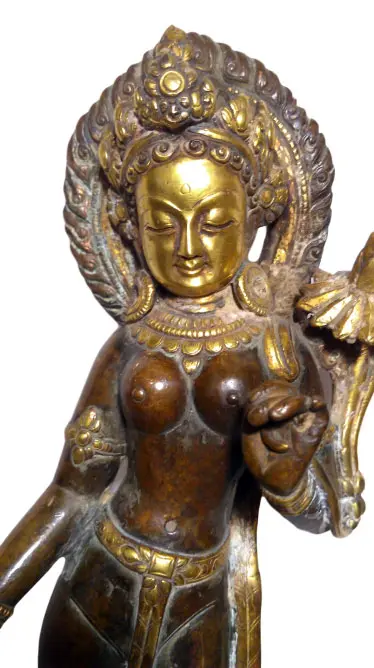 Statue Tara Blanche debout - Bronze et Or - Népal