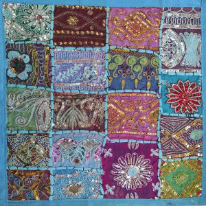 Housse de coussin patchwork saris Indien bleu N16