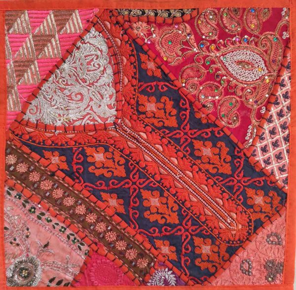 Housse de coussin patchwork saris Indien orange N15